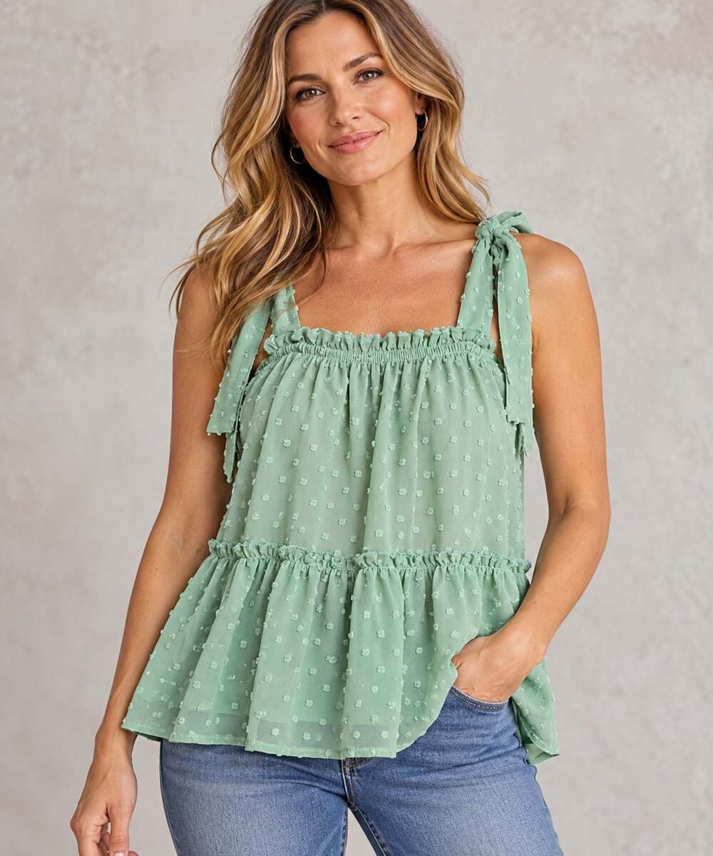 Altard State Green Textured Romantic Ruffle Square Neck Babydoll Top S